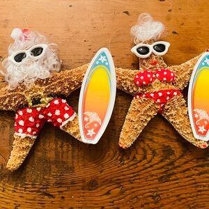Mr. & Mrs. Clause Santa Surfer and Bikini Starfish Ornament Set #SANTA